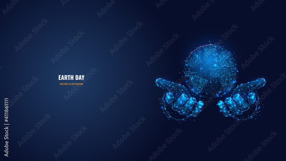 Poster Abstract 3d hands holding Earth in dark blue. Digital vector world globe wireframe looks like starry sky. Earth Day, environment, save planet concept. Low poly mesh with dots, lines and particles 