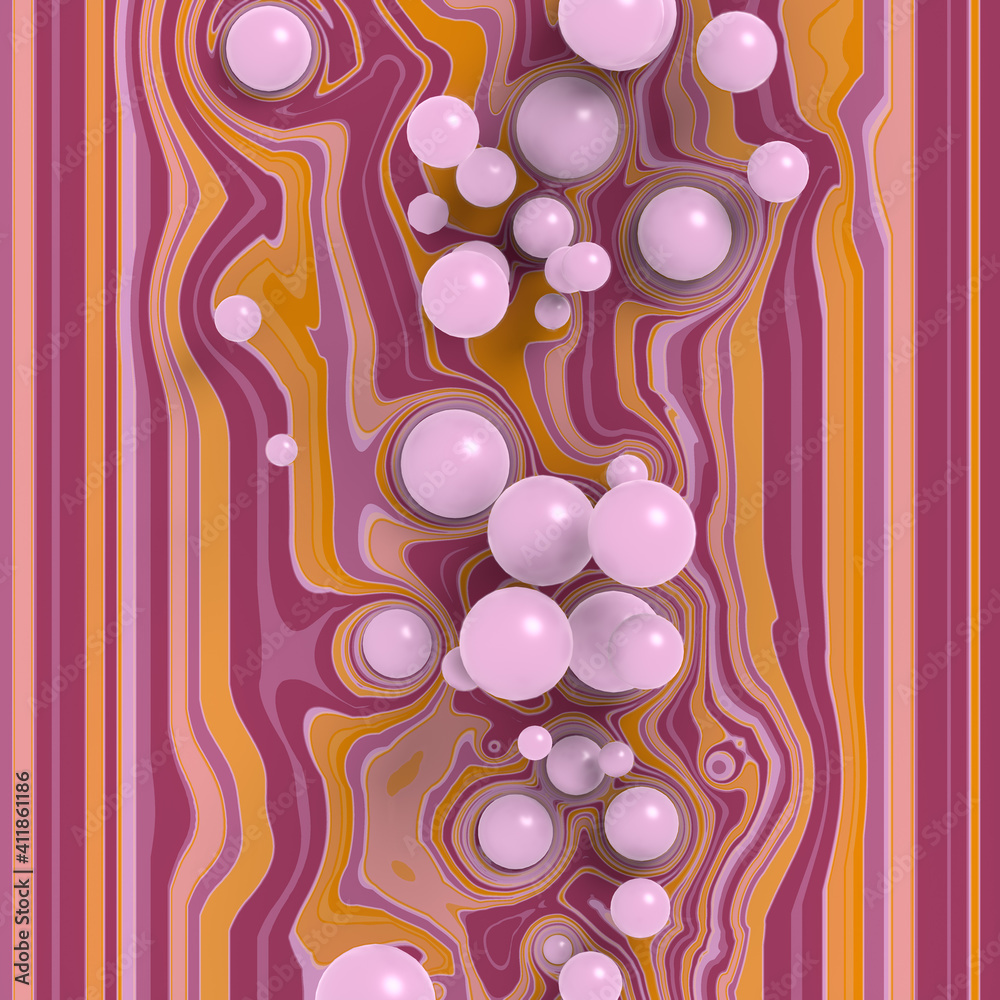 Poster Modern group of pink spherical shapes on a colored striped background. Graphic design element. 3d rendering illustration