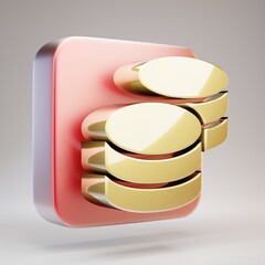 Coins icon. Golden Coins symbol on red matte gold plate.