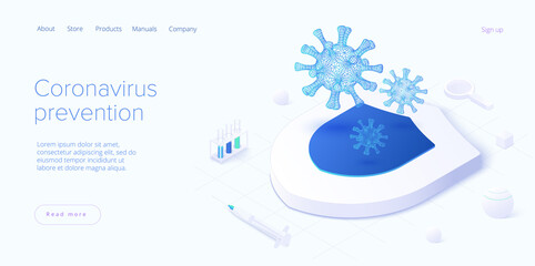 Coronavirus prevention or virus vaccination in isometric vector design. Shield as protective metaphor of covid antidote or antivirus vaccine. Pandemic background.