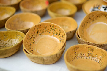 Ceramic dishes, tableware and jugs sold on Easter market in Vilnius. Lithuanian capital's traditional crafts fair is held every March on Old Town streets.