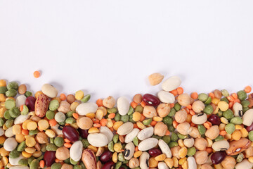 Mixed beans multi grain colorful mixture horizontal line frame border copy text space on white...