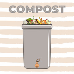 Composting bin with kitchen scraps, fruits and vegetables. No food wasted. Recycling organic waste, compost. Sustainable living, eco-friendly zero waste concept.