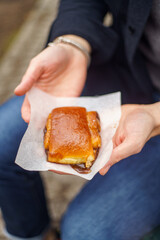 Kanelgifler cinnamon swirl bun with caramelized sugar cinnamon cream and glazed with more sugar. Traditional danish baked good pastry dessert treat sweet bread