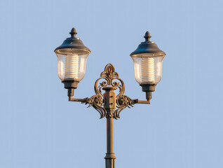 Fototapeta na wymiar Detail of a street lamp or lamp post with two white globes and led light bulbs against ble sky.