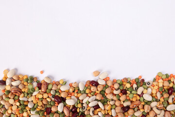 Mixed beans multi grain colorful mixture horizontal line frame border copy text space on white...