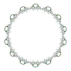 Round frame with snowdrops. Doodle style. Vector image.