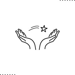 Obraz premium Invention, female hands, shooting star, make a wish vector icon in outline
