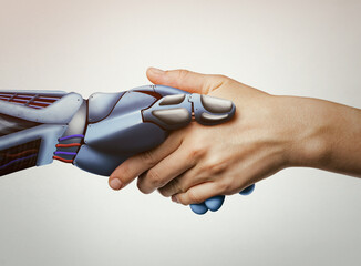 The handshake human with robot. Artificial intelligence, concept of future.