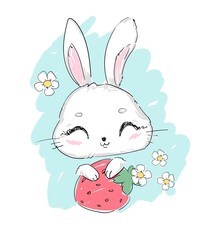 Hand Drawn Cute Bunny with strawberry and flowers vector, children print design rabbit illustration