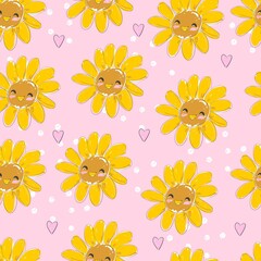 Hand sketched Sunflower cute print seamless pattern flowers vector illustration.