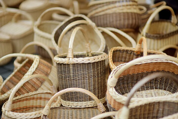 Various baskets sold on Easter market in Vilnius. Annual spring fair hold in March on the streets of capital of Lithuania.