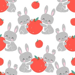 Seamless pattern Cute rabbit with apple on white background vector bunny print design