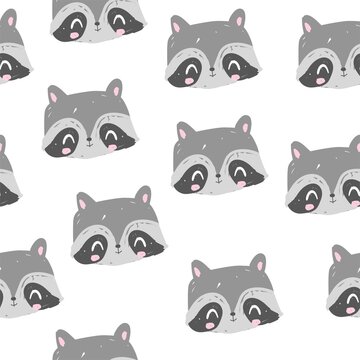 Hand drawn cute raccoon. Children's print for fabric with animal cartoon. Vector illustration. Pattern seamless.