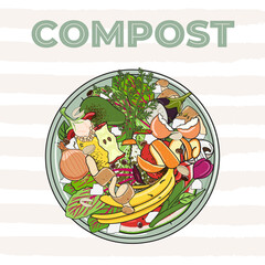 Obraz premium Composting bin with kitchen scraps, top view. No food wasted. Recycling organic waste, compost. Sustainable living, eco-friendly zero waste concept.