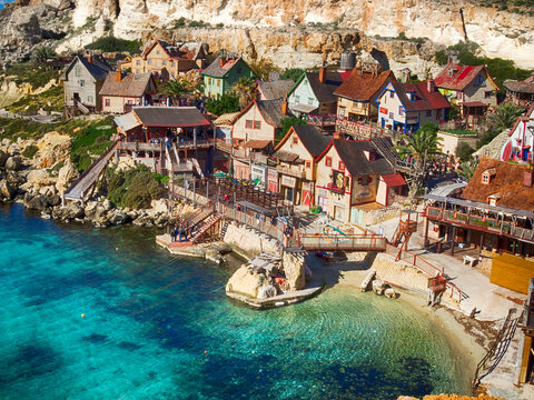 Aerial view of Popeye Village,  Malta