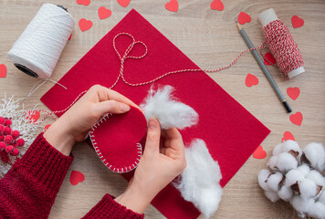 Master class on creating felt pillows. Step 6: stuffing the pillow with cotton or padding...