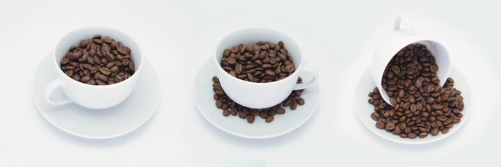 Three coffee cups on white background. Seeds of arabica in porcelain. Isolated renders of aromatic seeds.
