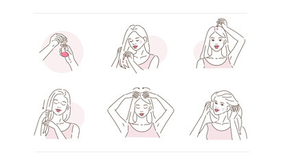 Beauty Girl Take Care of her Damaged Hair and Applying Treatment Serum on Hair Roots and Tips. Woman Making Haircare Procedures.  Beauty Haircare Routine. Flat Line Vector Illustration and Icons set.
