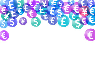 Euro dollar pound yen circle symbols scatter currency vector background. Business backdrop.