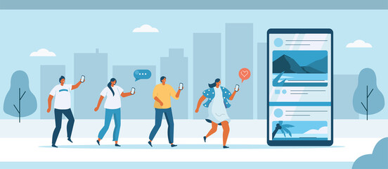 People Interacting with Social Media Mobile App. They Liking Posts and Photos, Leaving Comments and Sharing with Friends. Social Media Marketing Concept. Flat Cartoon Vector Illustration. 