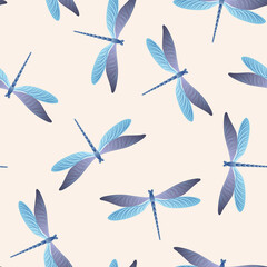Dragonfly charming seamless pattern. Repeating dress fabric print with darning-needle insects.