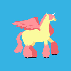 Cartoon pegasus unicorn horse with pink wings, vector illustration