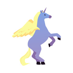 Cartoon pony with unicorn horn and pegasus wings in prancing pose