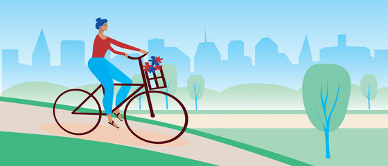 Woman on bike riding in the park, template with copy space, flat vector illustration with cyclist in nature