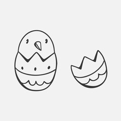 Cute vector chicken in egg in doodle style isolated on white background. Vector doodle illustration. Doodle character for Easter.