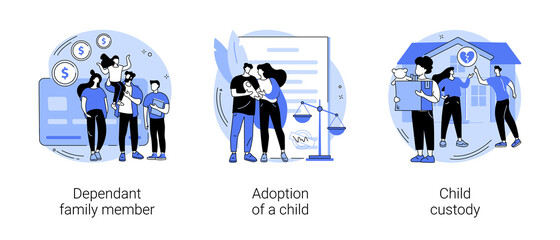 Family law abstract concept vector illustration set. Dependant family member, adoption of a child, custody and alimony, parents divorce, same sex couple, elderly support, caregiver abstract metaphor.
