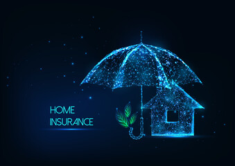 Futuristic home insurance concept with glowing low polygonal house and protective umbrella