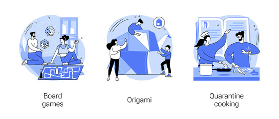 Social isolation free time abstract concept vector illustration set. Board games, origami, quarantine cooking family fun activity idea, family recipe, homemade food, stay at home abstract metaphor.