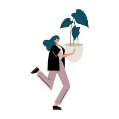 young woman lifting houseplant character