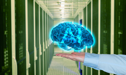 Gehirn Künstliche Intelligenz KI schwebt über eine Hand in einem Rechenzentrum