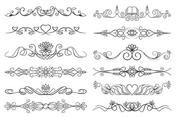 Abstract text divider set. Collection of black paragtaph separators isolated on ehite background. Text dividers with curves, swirls, flowers, hearts.