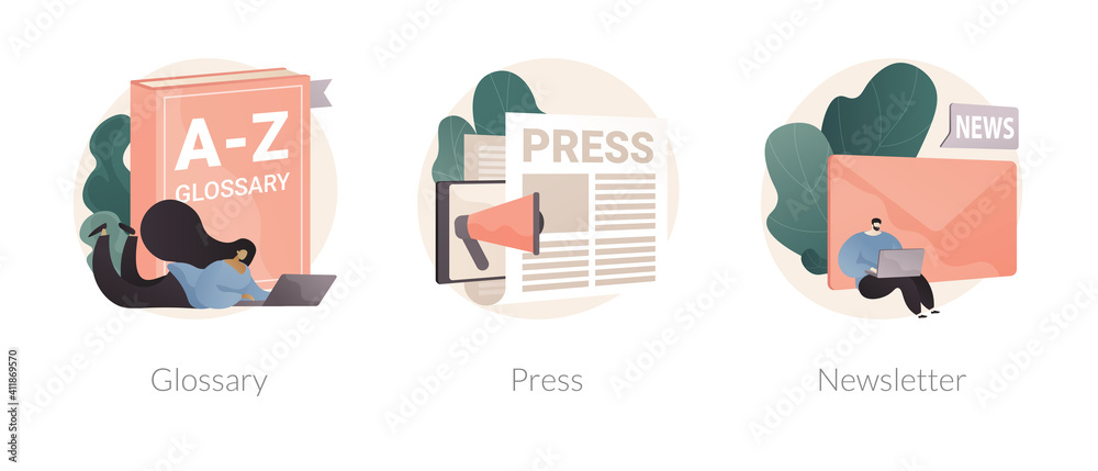 Canvas Prints company web page interface abstract concept vector illustration set. glossary, press about us, artic