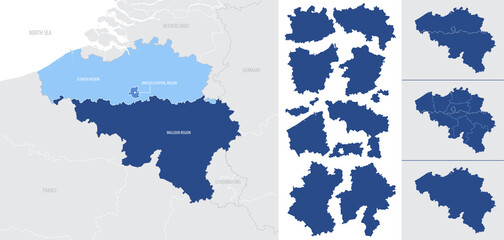 Detailed, vector, blue map of Belgium with administrative divisions into regions country - obrazy, fototapety, plakaty