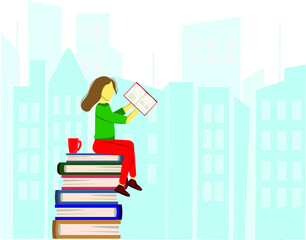 girl sitting with a book, reading books, vector illustration, flat illustration
