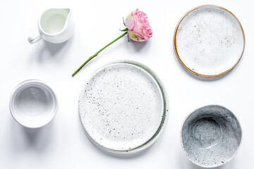 ceramic tableware top view on white background mock up