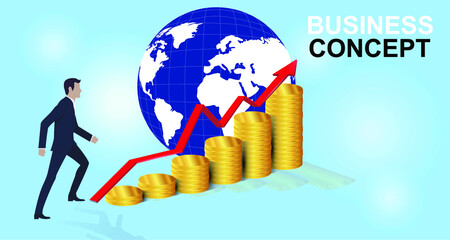Business idea Vector business man steps up the golden money ladder to advance business