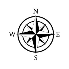 Compass icon. Nautical compass for travel with sign of north, south, west, east. Logo for map and navigation. Symbol of direction adventure. Arrow, dial for orientation of latitude, longitude. Vector