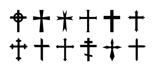 Cross of christian crucifix. Icon of christian cross. Symbol of church of jesus. Sign of catholic, religious, orthodox faith. Set of black gothic logos on white background. Different design. Vector.