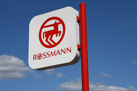 Wathlingen, Lower Saxnoy, Germany - July 8, 2018: Sign with the logo of Rossmann in Wathlingen, Germany - Dirk Rossmann GmbH is Germany's second-largest drogerie store chain