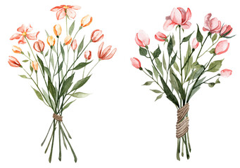 Two bouquets with spring flowers. Watercolor hand painted illustrations