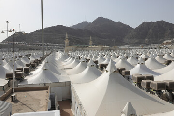 Makkah, Saudi Arabia : Landscape of Mina, City of Tents, the area for hajj pilgrims to camp during jamrah 'stoning of the devil' ritual - August 1, 2020