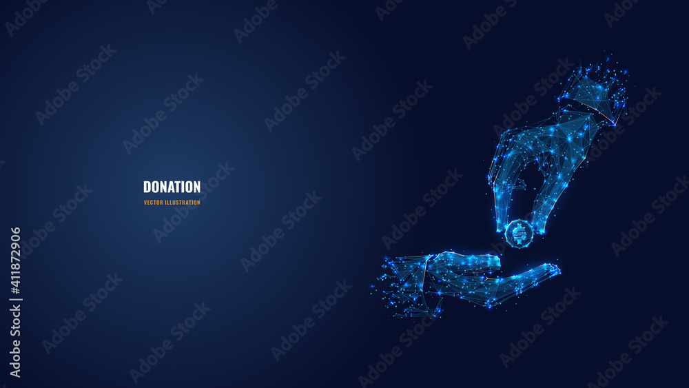 Poster digital 3d hands giving and receiving coin. abstract vector illustration in dark blue. donation mone
