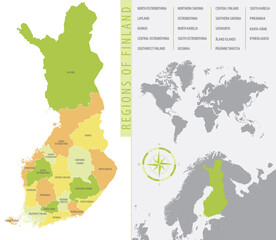 Detailed administrative divisions map Finland showing the location country on map of Europe, color vector illustration