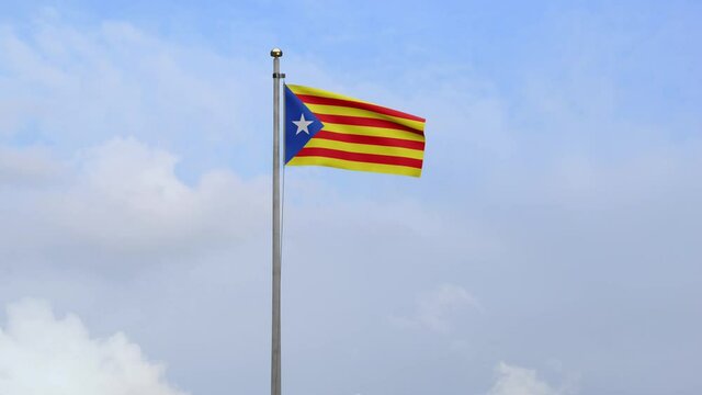 Catalonia independent flag waving in wind with blue sky cloud. Catalan estelada banner blowing soft silk. Cloth fabric texture ensign background. Use for national day and country occasions concept-Dan