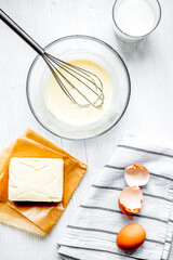 cooking pancake on white background top view ingredients for making